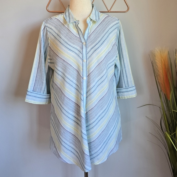 Chico's, Coastal No Iron 100% Linen Blue Stripe Button Front Top, Size Large - Picture 5 of 13